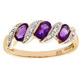 0.59ct Bezel Set Oval Amethyst  and Diamond Pave 3 Stone Ring in UK Hallmarked 9ct Yellow Gold